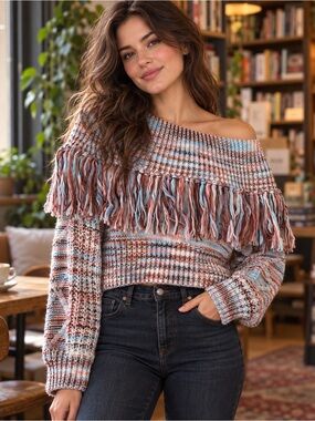 Hot & Delicious Multicolor Fringe Cropped Sweater Size S